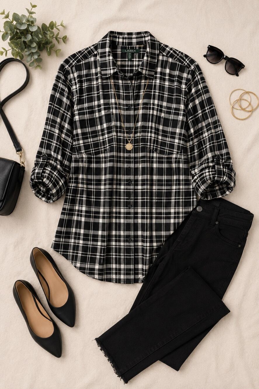 Lauren Ralph Lauren Plus Size 1X Black & White Plaid Button Front Blouse